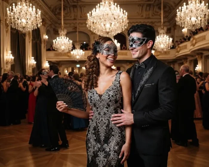 Elegant masquerade party outfit ideas for couples with black and silver formal eveningwear.