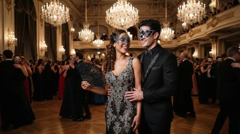 Elegant masquerade party outfit ideas for couples with black and silver formal eveningwear.