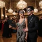 Elegant masquerade party outfit ideas for couples with black and silver formal eveningwear.