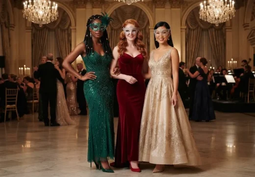Three American women wearing elegant masquerade gowns and matching masks inside a luxury ballroom.
