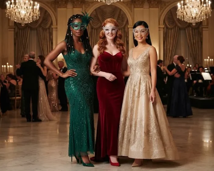 Three American women wearing elegant masquerade gowns and matching masks inside a luxury ballroom.