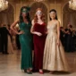 Three American women wearing elegant masquerade gowns and matching masks inside a luxury ballroom.