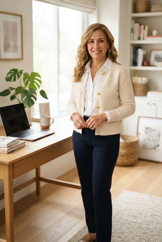 Woman over 50 in matching cardigan set business casual spring outfit