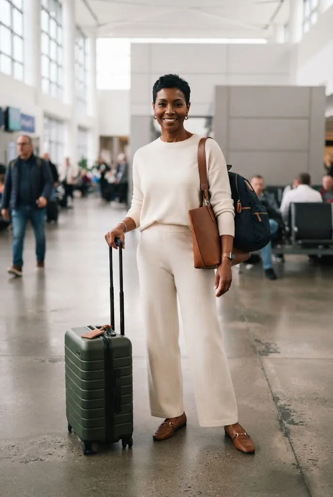 Woman over 50 in matching knit travel set with loafers business casual outfit