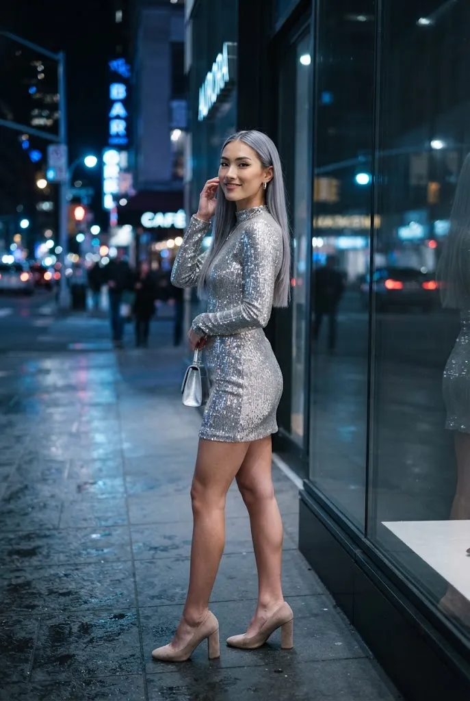 Metallic silver mini dress styled for a modern birthday night