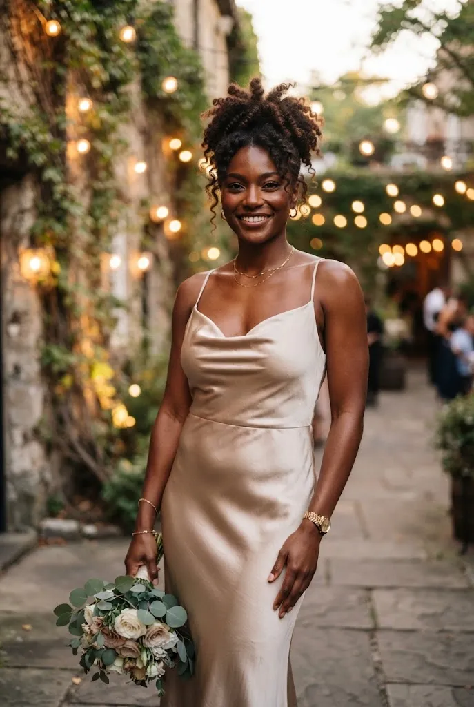 Bridesmaid in a metallic champagne satin cowl neck dress under evening string lights