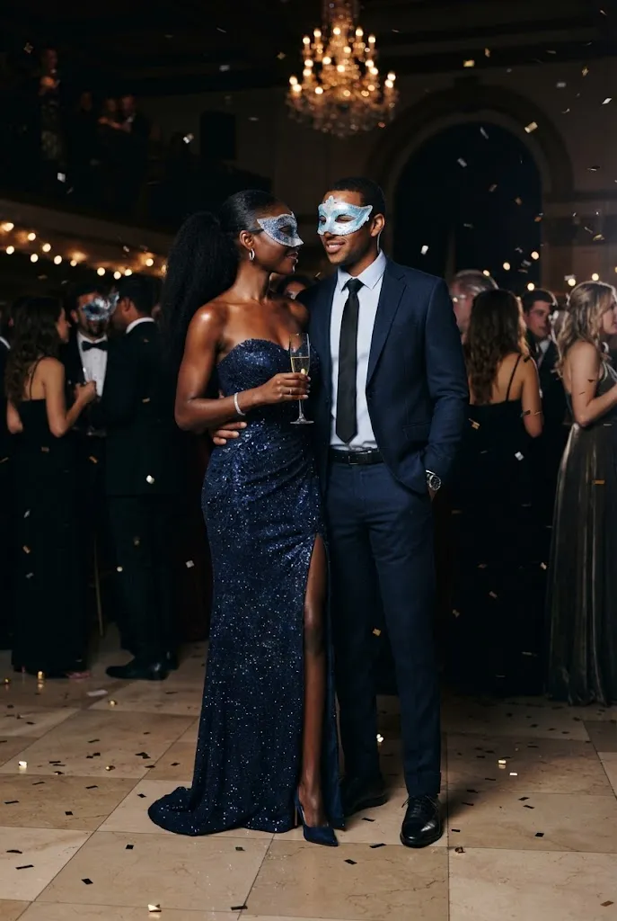 Midnight blue glitter gown and navy suit for a coordinated masquerade couple.