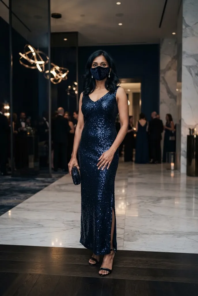 South Asian American woman wearing a midnight sequin gown with a dark velvet masquerade mask.