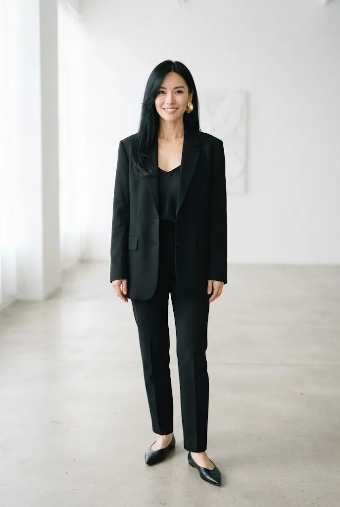 Woman over 30 wearing minimalist oversized blazer and column trousers outfit