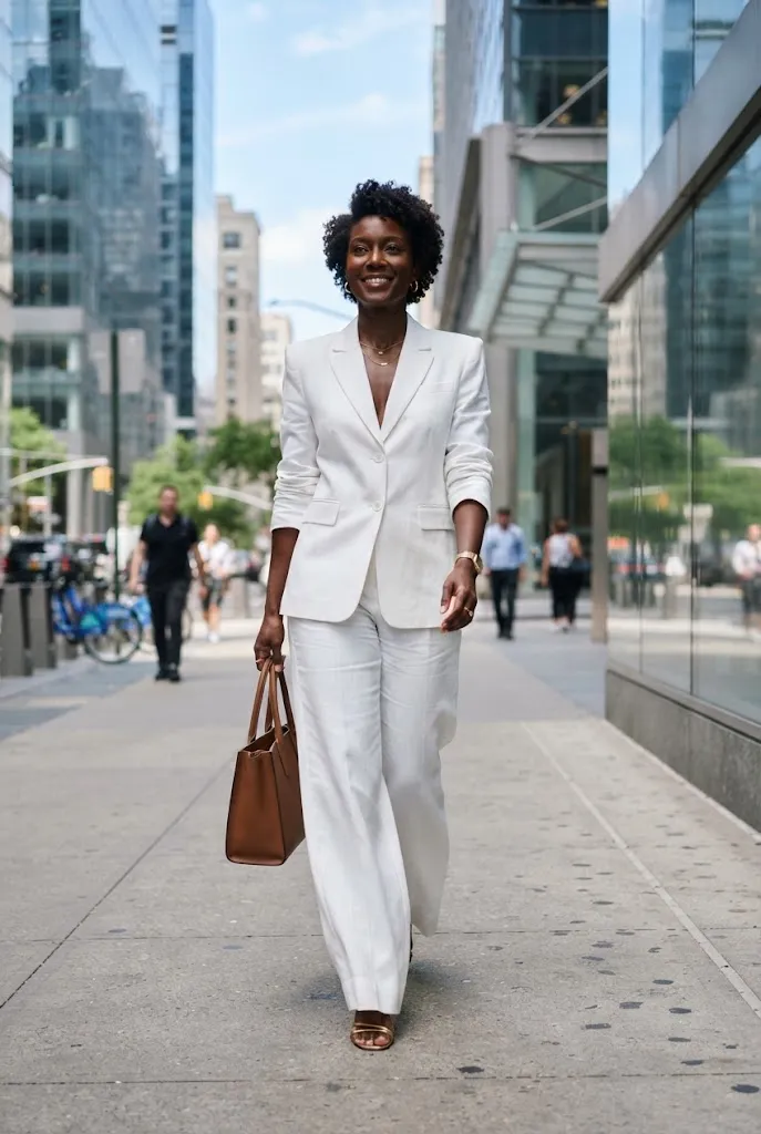 Black woman in modern American style white wide leg linen pantsuit on a city street