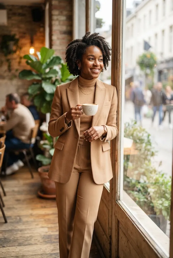 Black woman with a twist-out hairstyle wearing a monochrome camel outfit near a window
