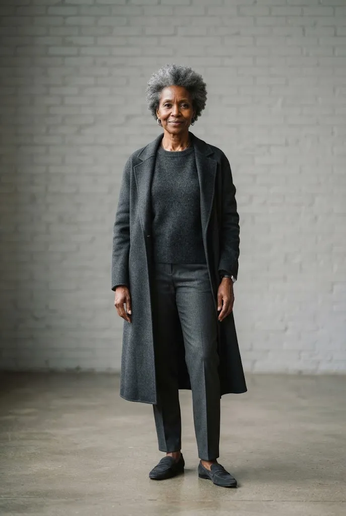 Woman over 60 wearing a monochrome charcoal winter outfit