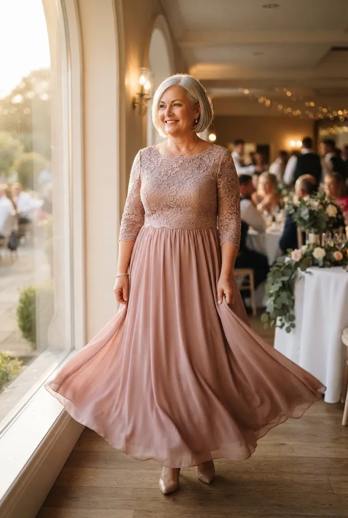 Mother of the bride wearing a fitted bodice dress with a flowing chiffon skirt
