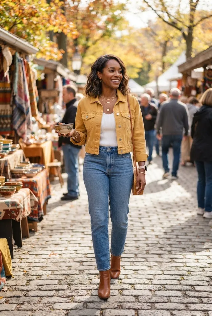Woman in her early 30s wearing a mustard cropped jacket with denim and ankle boots