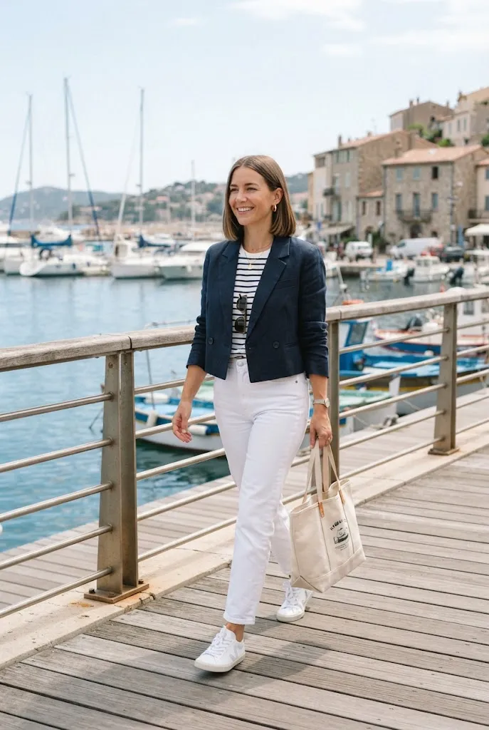 Woman around 31 wearing a navy cropped blazer with a striped tee and white jeans