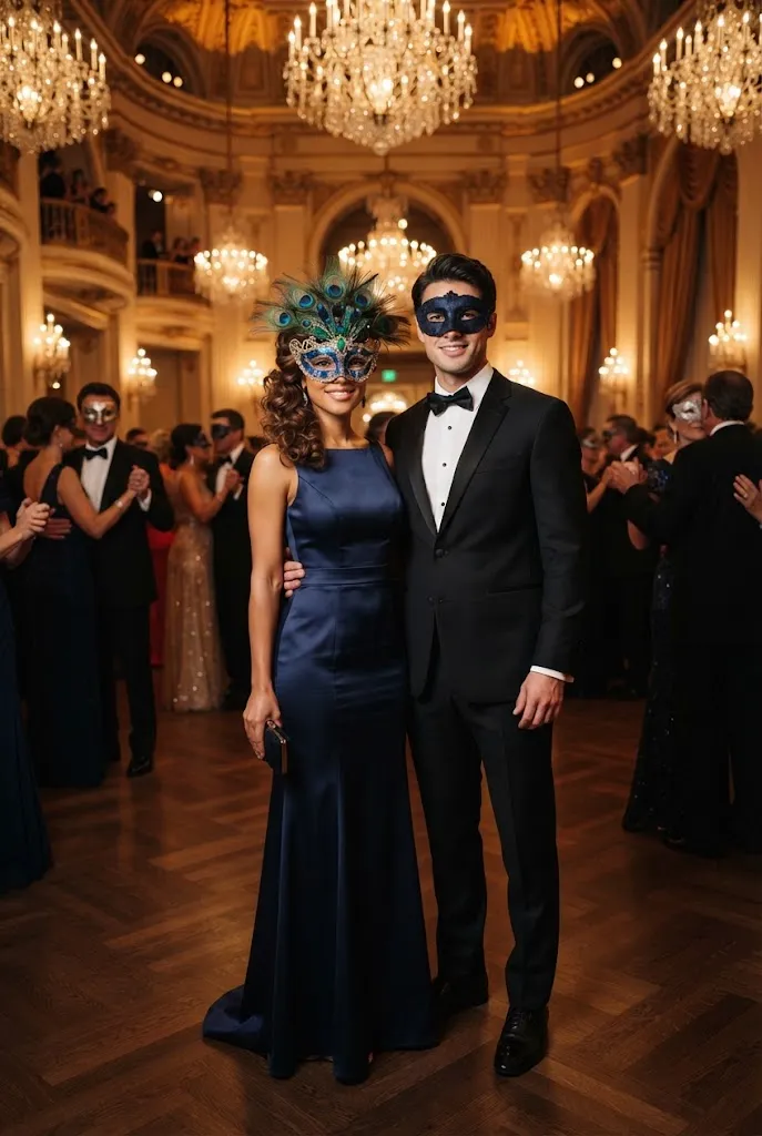 Navy evening dress with a peacock mask paired with a black tuxedo for a masquerade couple.