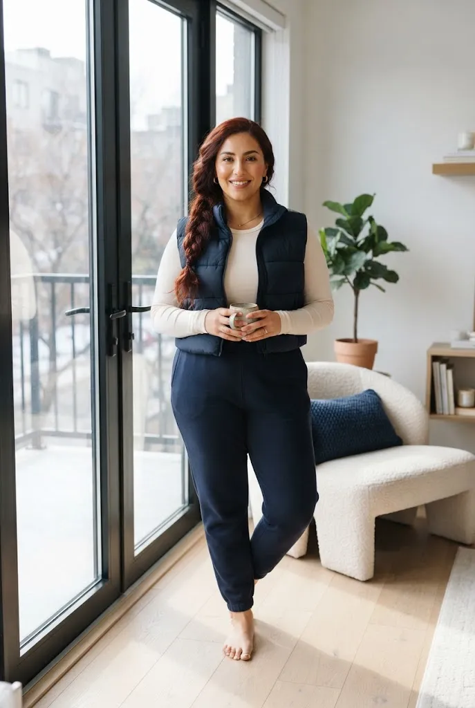 Plus size woman wearing navy joggers with a cropped puffer vest