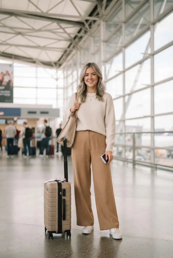 Neutral toned capsule outfit idea for long haul flight travel