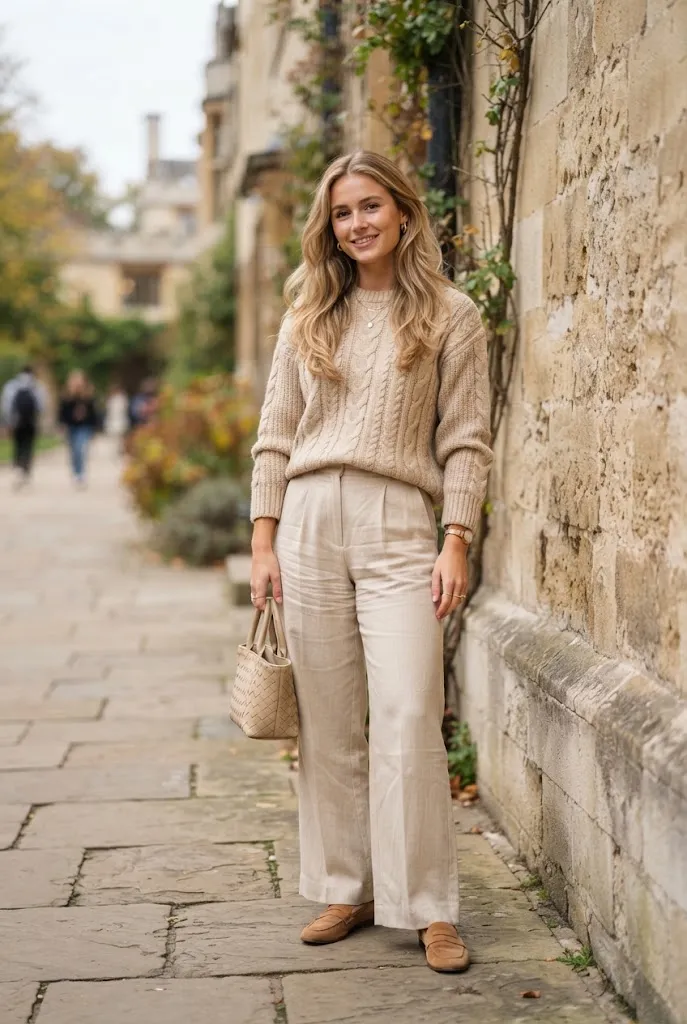 20 year old student wearing a monochrome neutral outfit for college