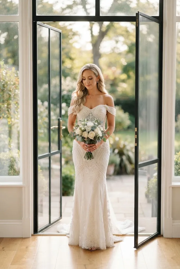 Fair skinned bridesmaid in a pearl off-shoulder mermaid gown standing in a glass doorway