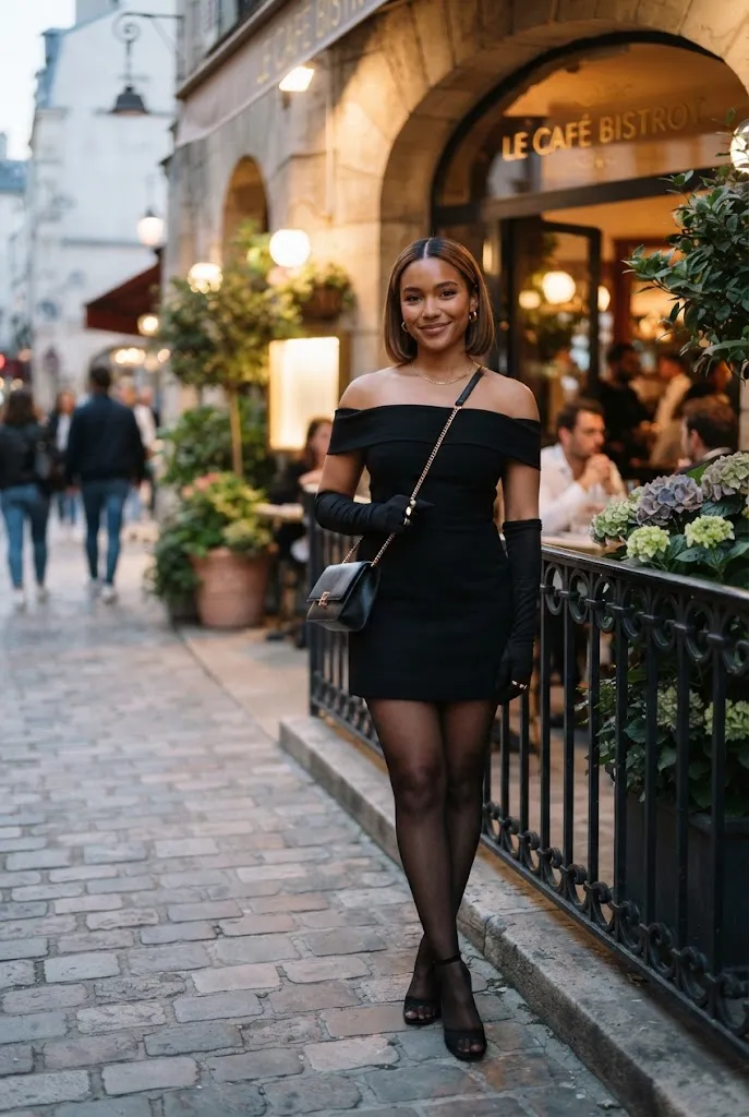 Woman in off shoulder black mini dress with gloves for birthday outfit