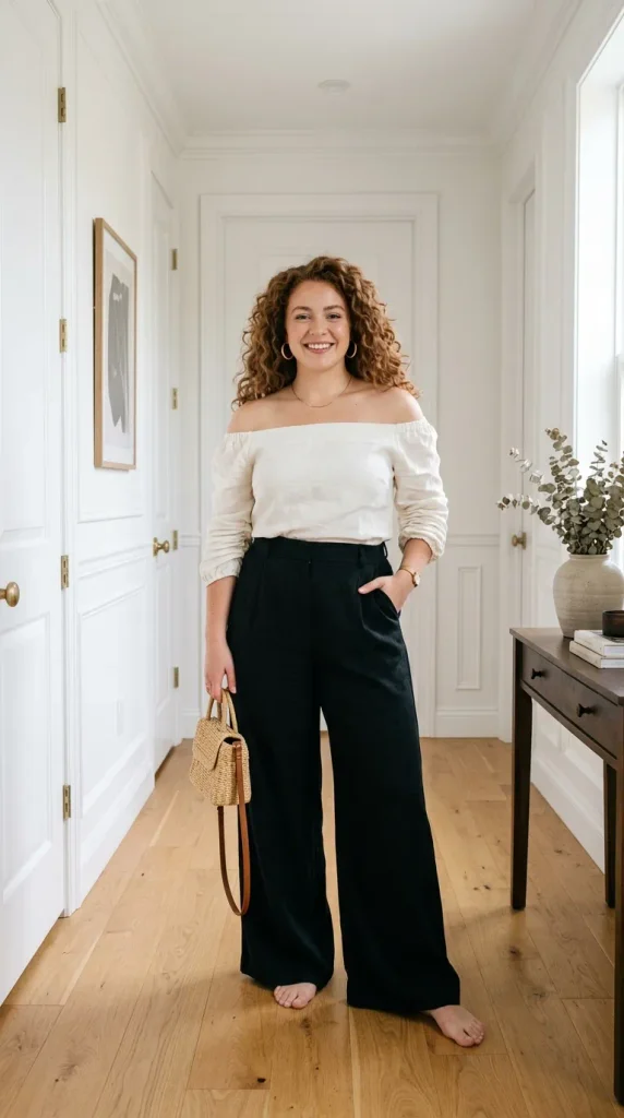 Curvy woman in an off shoulder top and wide leg pants outfit