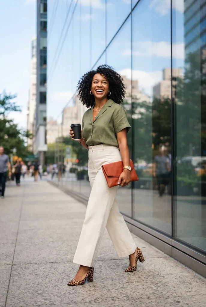 Black woman in an olive blouse and leopard print heels walking outside an office building
