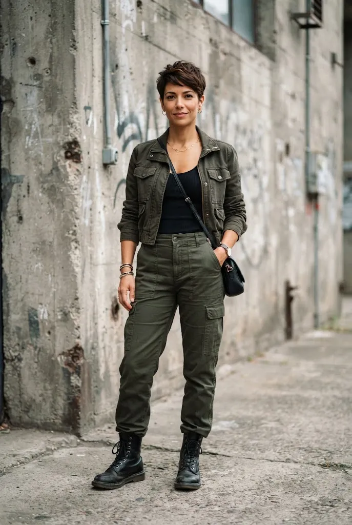 Woman around 33 wearing an olive cropped jacket with utility trousers and combat boots