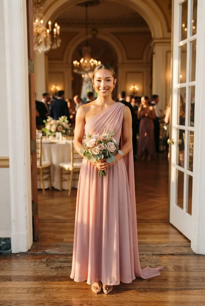 Bridesmaid in a one shoulder draped gown standing in a sunlit ballroom doorway