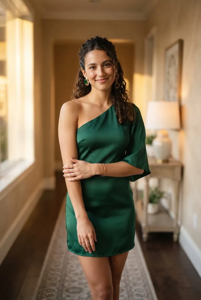 One shoulder emerald green dress for a birthday evening