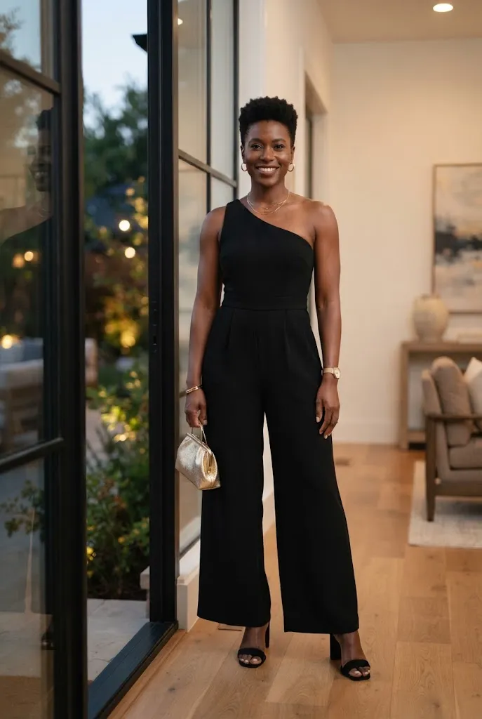 Woman in one shoulder black jumpsuit for birthday night outfit