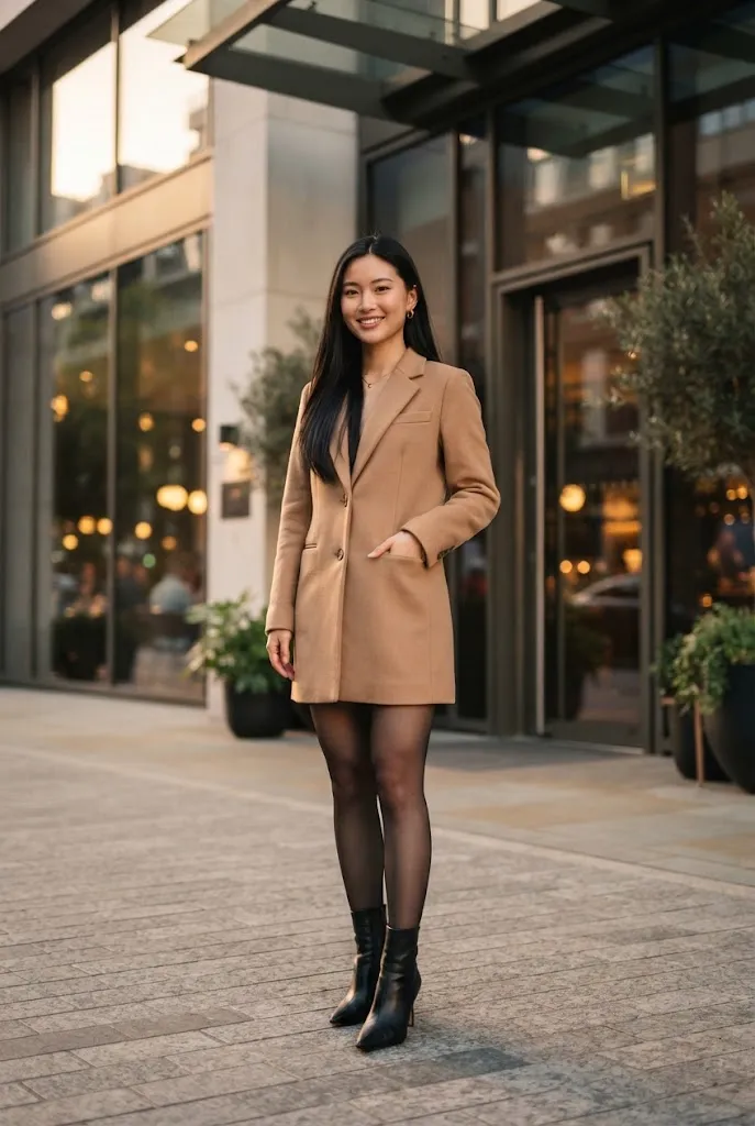 Young woman wearing a long camel blazer styled as a dress for an evening outfit