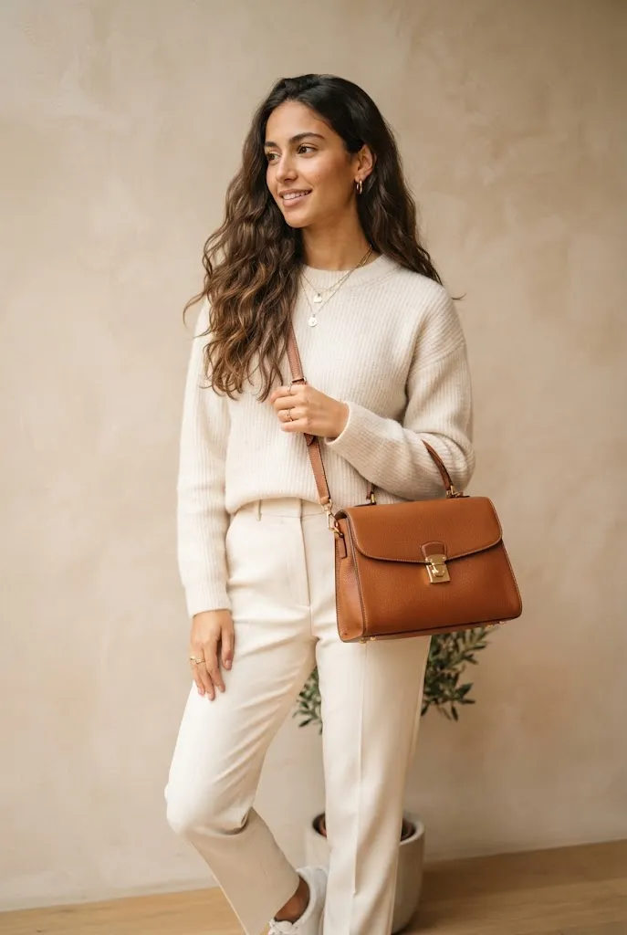 Young woman wearing a neutral outfit anchored by a cognac brown leather handbag