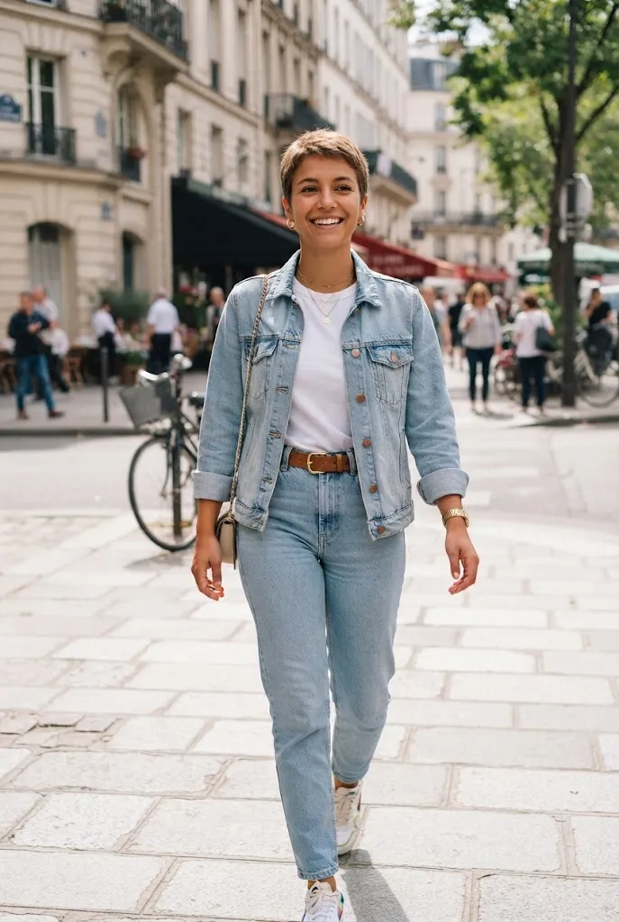 Young woman wearing matching light wash denim jacket and jeans in a tonal look