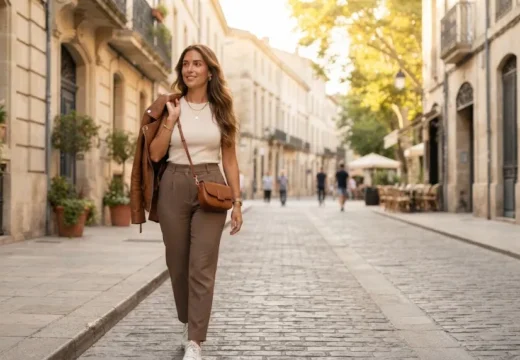 Young woman in a chic neutral outfit with a leather jacket and trousers, feature image for outfits for girls in their late 20s