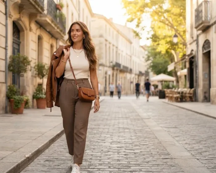 Young woman in a chic neutral outfit with a leather jacket and trousers, feature image for outfits for girls in their late 20s