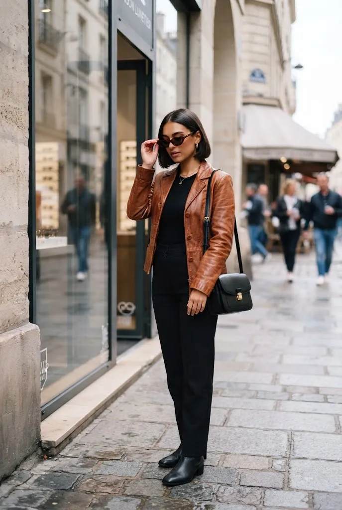 Young woman wearing a cognac leather jacket over an all black outfit