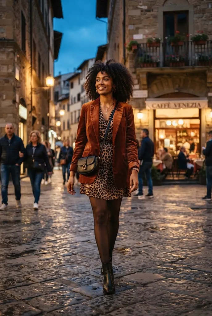 Young woman styling a leopard print mini dress with a velvet blazer for a night out