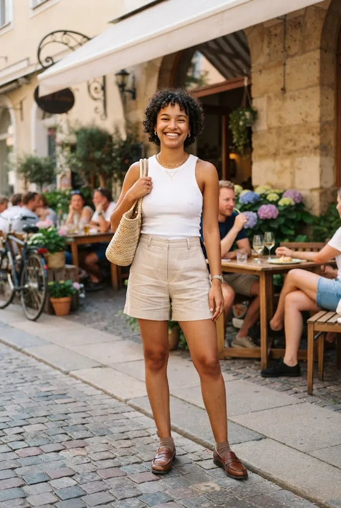 Young woman styling tailored shorts with loafers for a polished summer outfit
