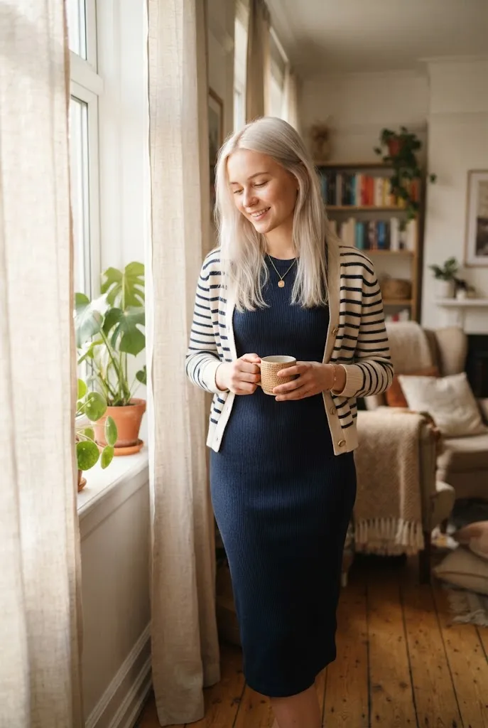 Young woman in a navy midi dress layered with a striped cardigan for a transitional outfit