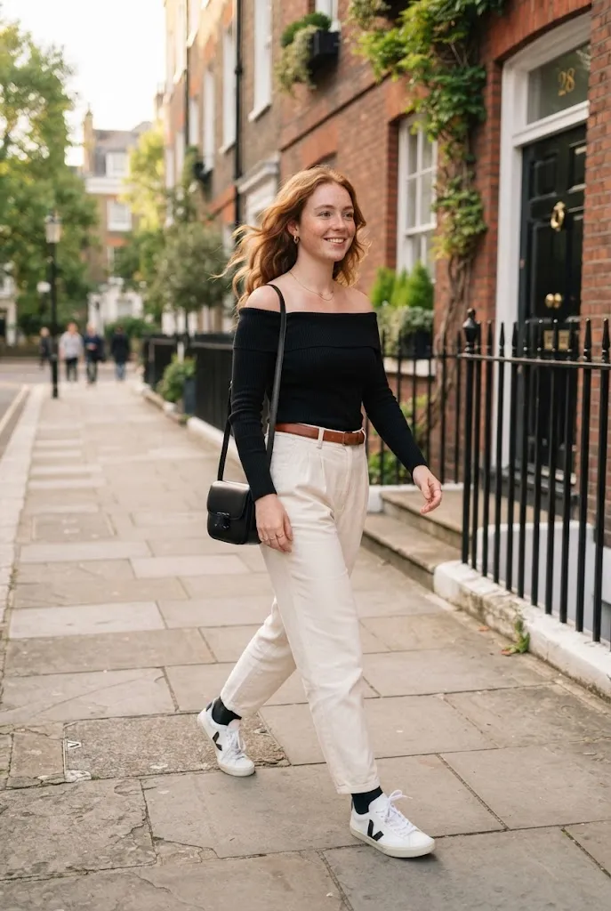 Young woman wearing a black off-shoulder top with cream tailored trousers, an outfit idea for girls in their late 20s