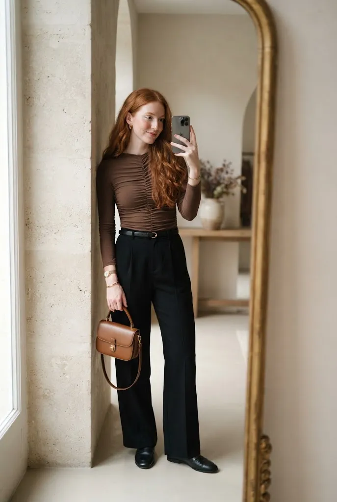 Young woman pairing a ruched top with wide leg trousers for a balanced silhouette