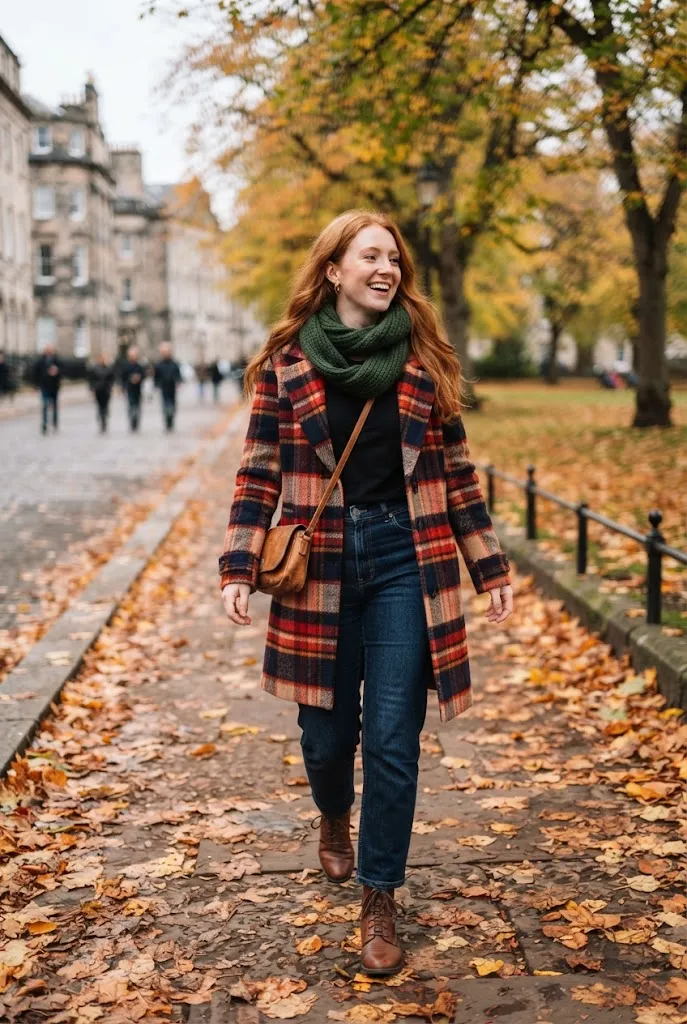 Young woman wearing a bold plaid statement coat over a simple base outfit