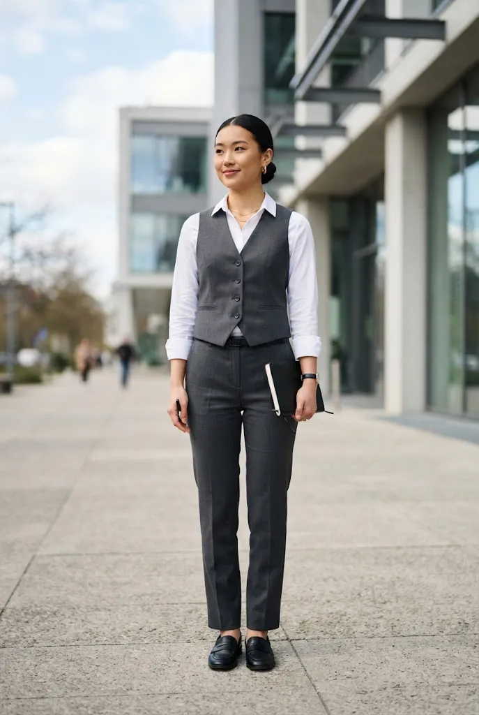 Young woman wearing a tailored vest over a button down shirt for a structured look