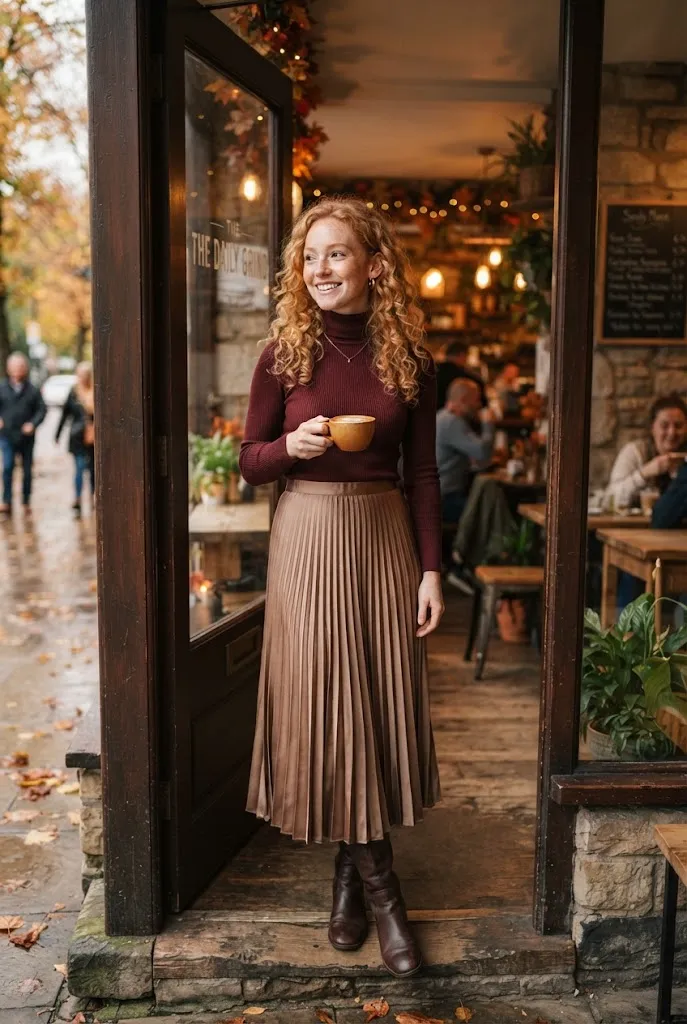 Young woman wearing a fitted turtleneck with a satin pleated midi skirt
