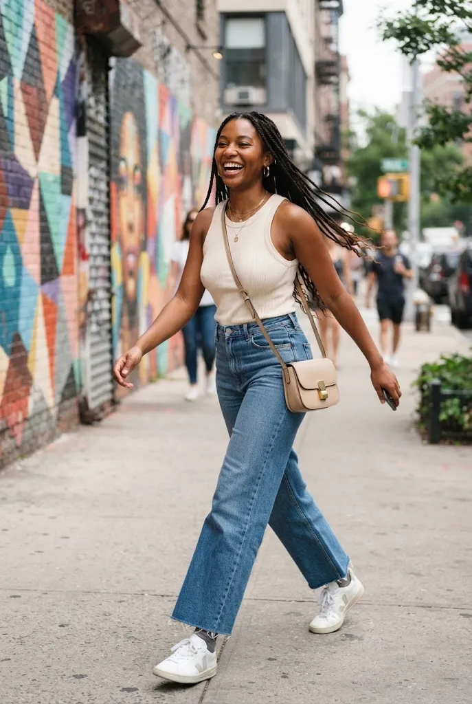 Young woman balancing wide leg jeans with a fitted ribbed tank top