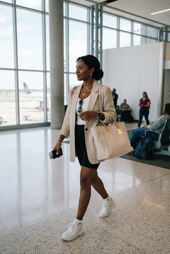 Woman over 30 wearing oversized blazer with bike shorts and chunky sneakers
