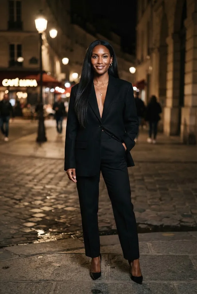 Woman over 30 wearing black oversized blazer buttoned low for evening outfit