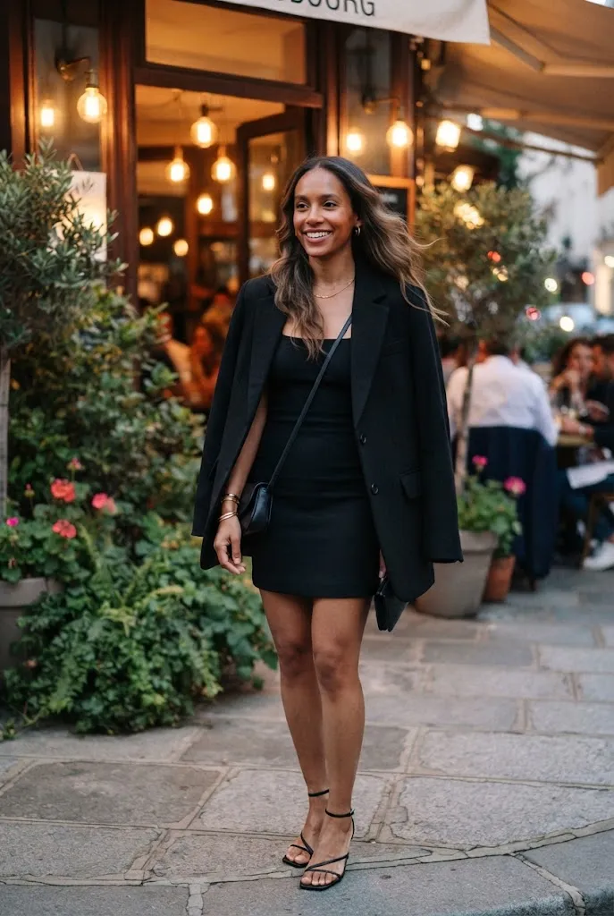 Woman over 30 draping oversized blazer over little black dress for evening
