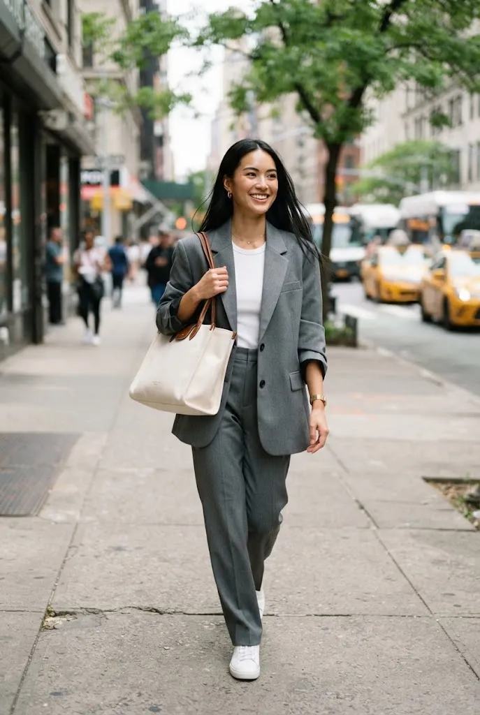Woman carrying a mid size tote bag with an oversized blazer outfit